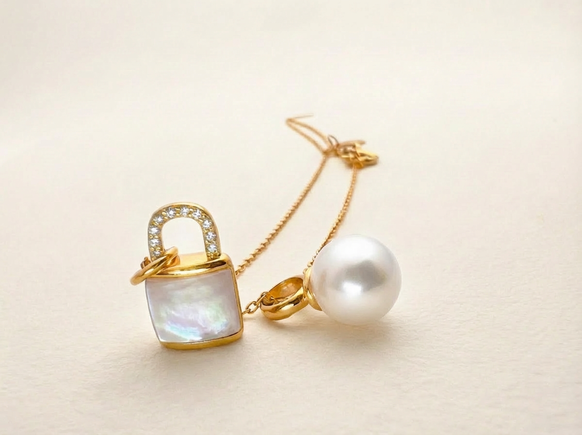 The Keeper’s Whisper · Mother of Pearl Mini-Lock & Freshwater Pearl Necklace