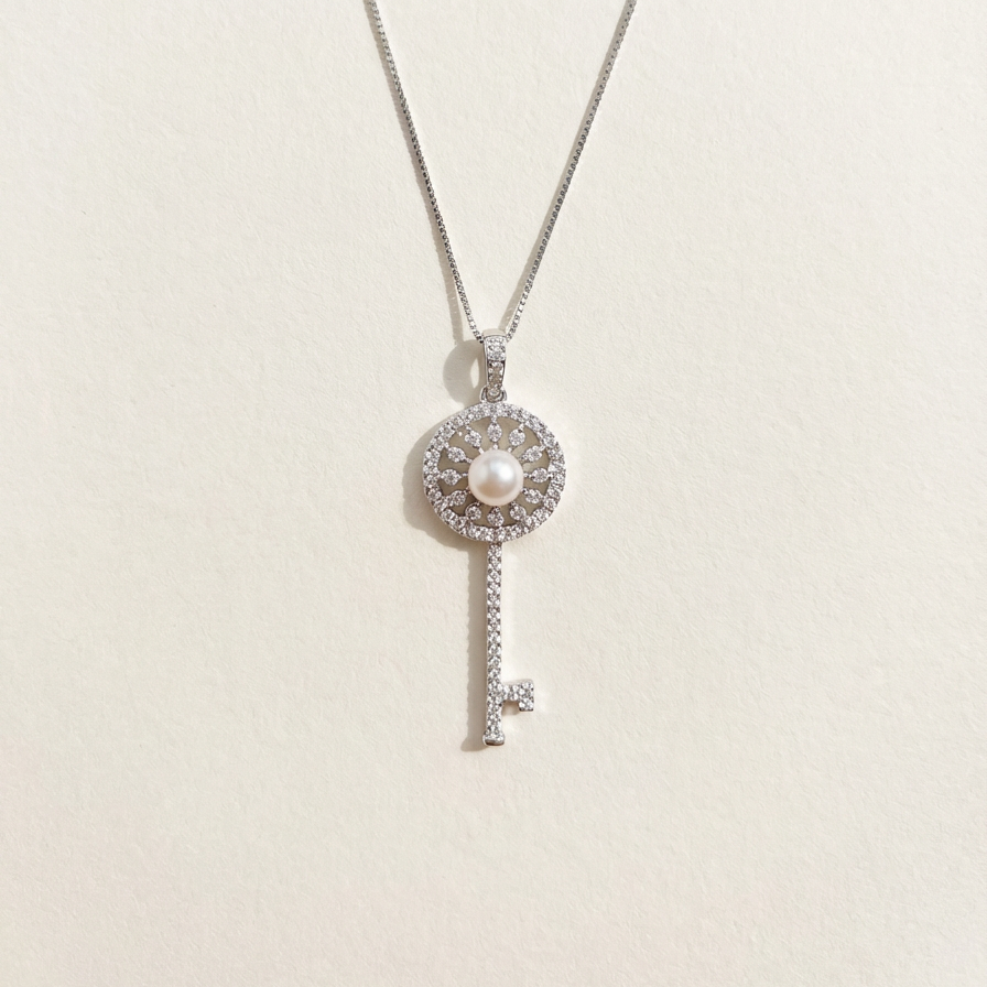 Silver key-shaped pendant necklace with a pearl on a light beige background