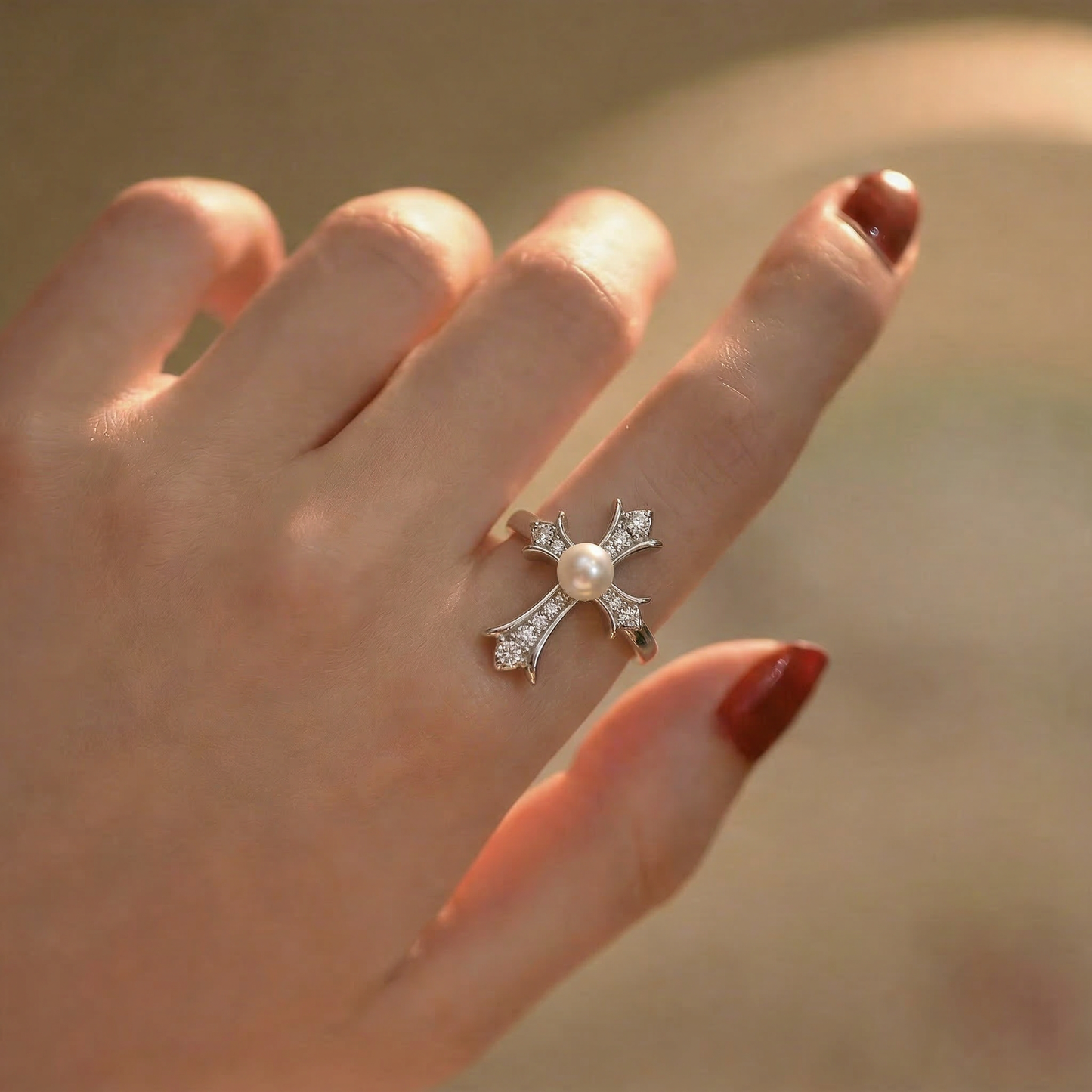 The Sacred Glow pearl cross ring with a freshwater pearl and zirconia worn on the hand in close-up