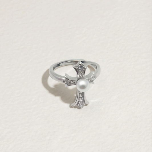 The Sacred Glow · Freshwater Pearl & Zirconia Cross Open Ring