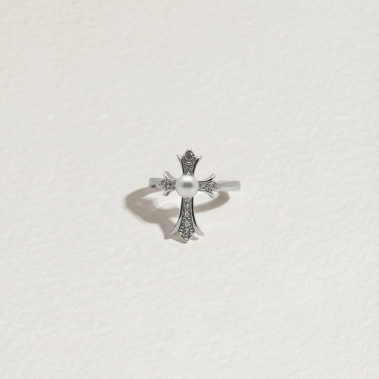 The Sacred Glow · Freshwater Pearl & Zirconia Cross Open Ring