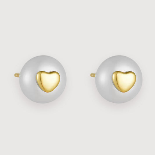 Golden Heart Pearl Stud Earrings