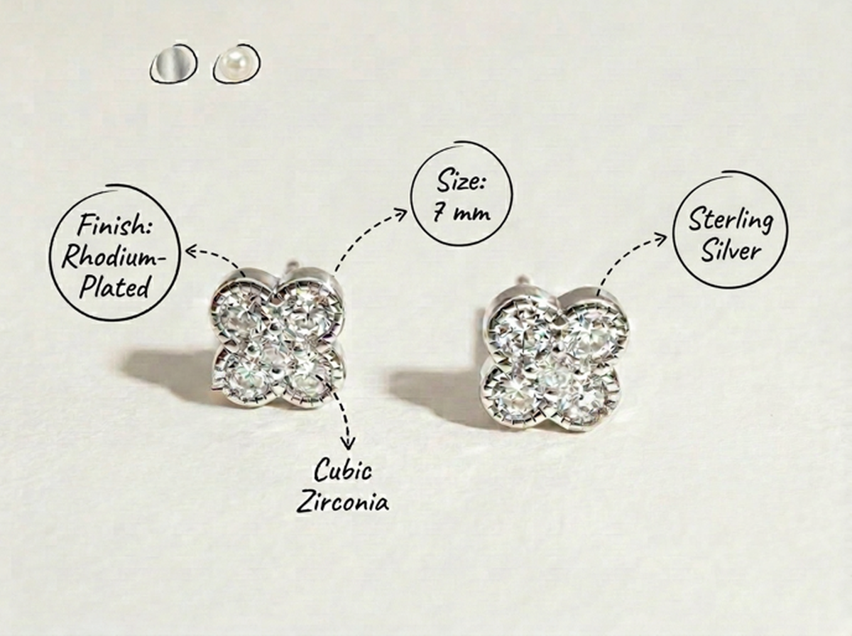 Annotated image of the silver Clover Shine Stud Earrings showing rhodium plating, 925 sterling silver, cubic zirconia, and 7 mm size