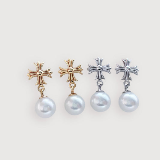 Cross Pearl Drop Earrings