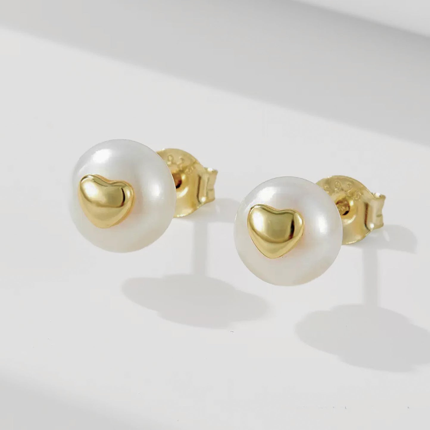 Golden Heart Pearl Stud Earrings