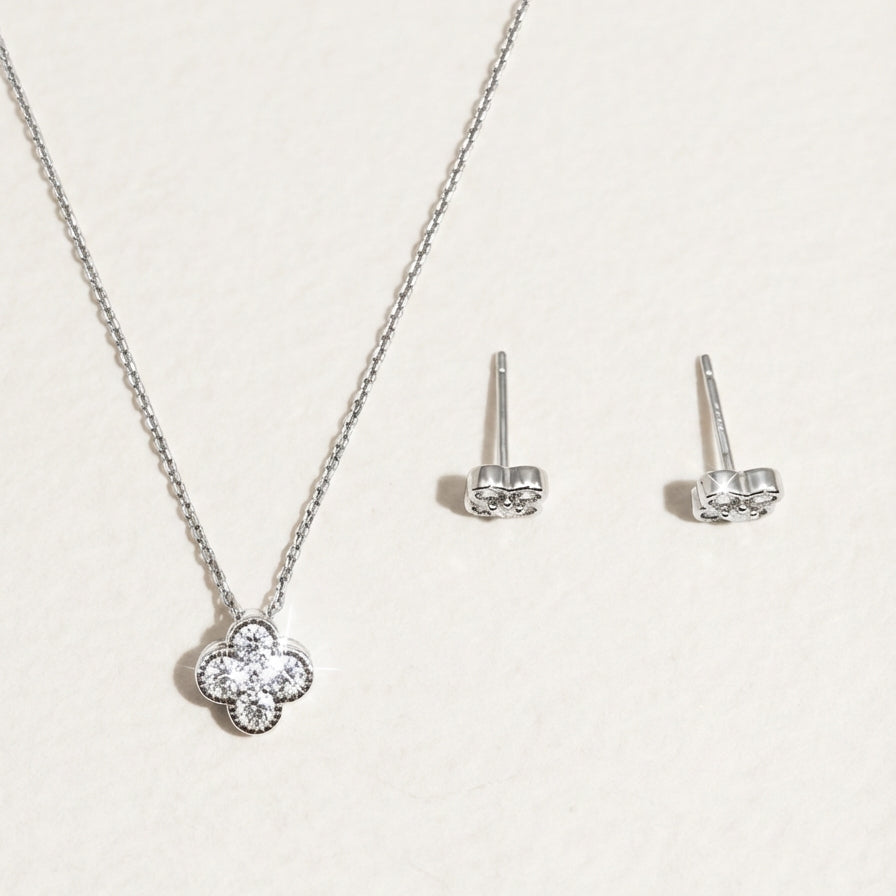 Clover Shine silver necklace with matching stud earrings shown from the back with earring posts visible