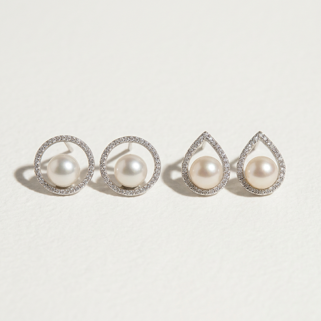 Comparison image showing halo pearl stud earrings and teardrop pearl zircon stud earrings on a light background
