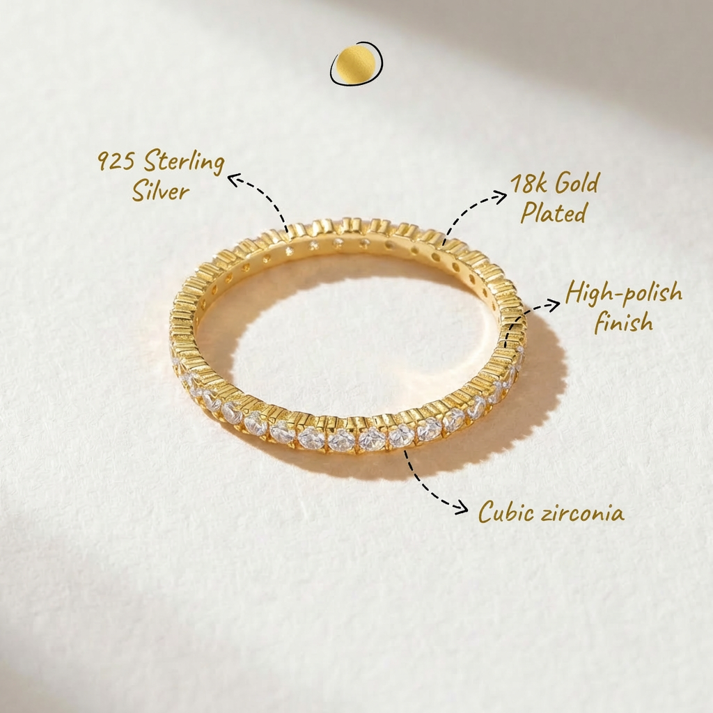 Annotated image of the eternity ring from the Luna Duo Rings stackable set showing 925 sterling silver, 18k gold plating, high-polish finish, and cubic zirconia