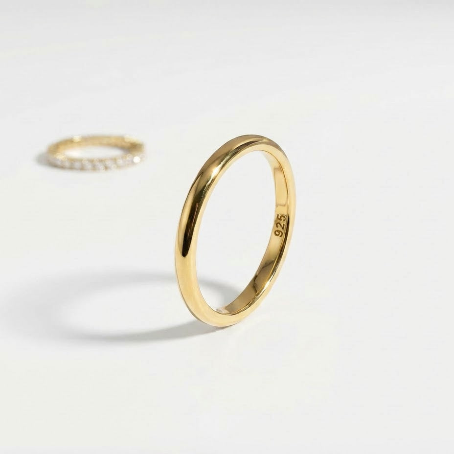 Close-up of the plain band from the Luna Duo Rings stackable set with S925 marking, shown upright on a light background