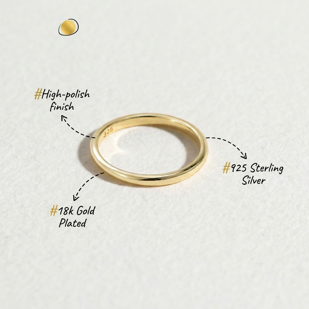 Annotated image of the plain band from the Luna Duo Rings set showing 18k gold plating, 925 sterling silver, and high-polish finish