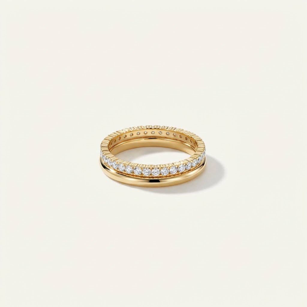 Luna Duo Rings stackable set with a plain band and full CZ eternity ring on a light background