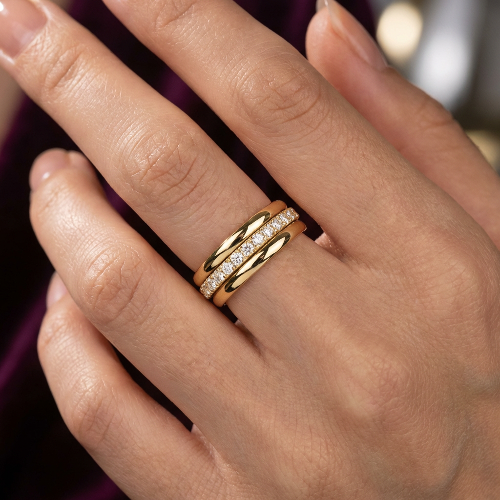 Luna Duo Rings stackable set worn on the hand with a plain band and CZ eternity ring