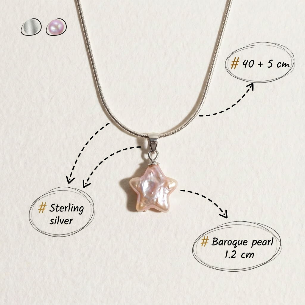 Annotated image of a pink star-shaped baroque pearl pendant necklace in sterling silver showing chain length, material, and pearl size