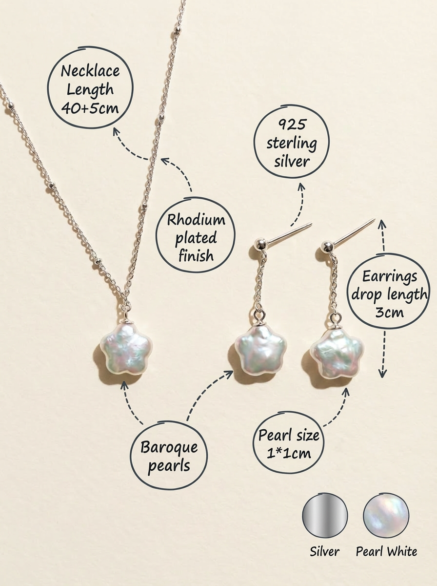 Annotated image of a star baroque freshwater pearl necklace and earrings set in sterling silver showing size, length, and material details