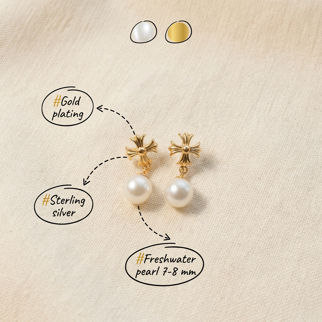 The Crosslight pearl drop earrings in 18K gold-plated sterling silver with imitation pearl drops and material notes on a warm beige fabric background
