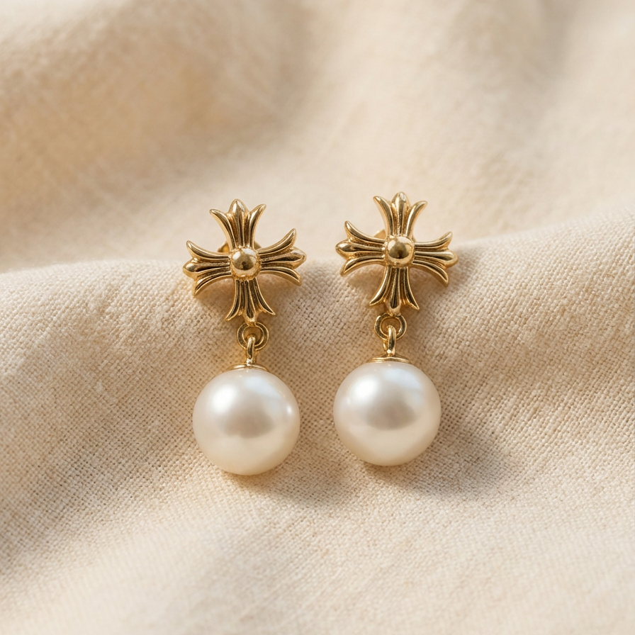 The Crosslight pearl drop earrings in 18K gold-plated sterling silver with imitation pearl drops on a warm beige fabric background