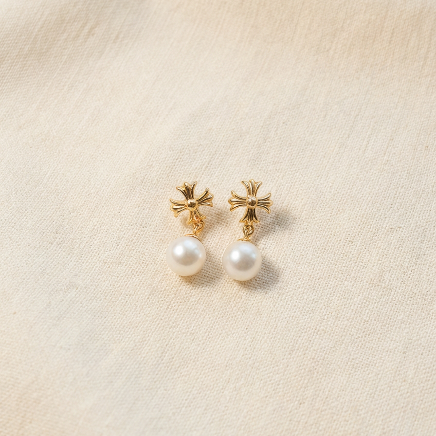 The Crosslight pearl drop earrings in 18K gold-plated sterling silver with imitation pearl drops on a warm beige fabric background