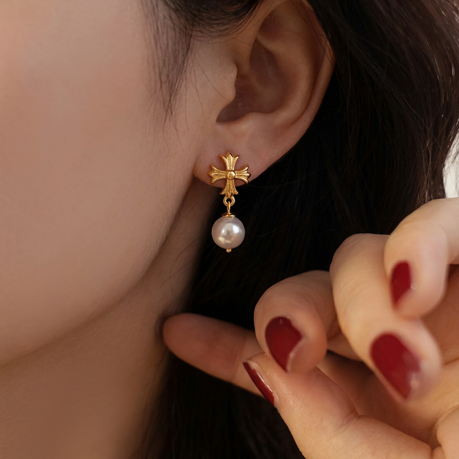 The Crosslight pearl drop earring worn on the ear in 18K gold-plated sterling silver with an imitation pearl drop, shown in close-up