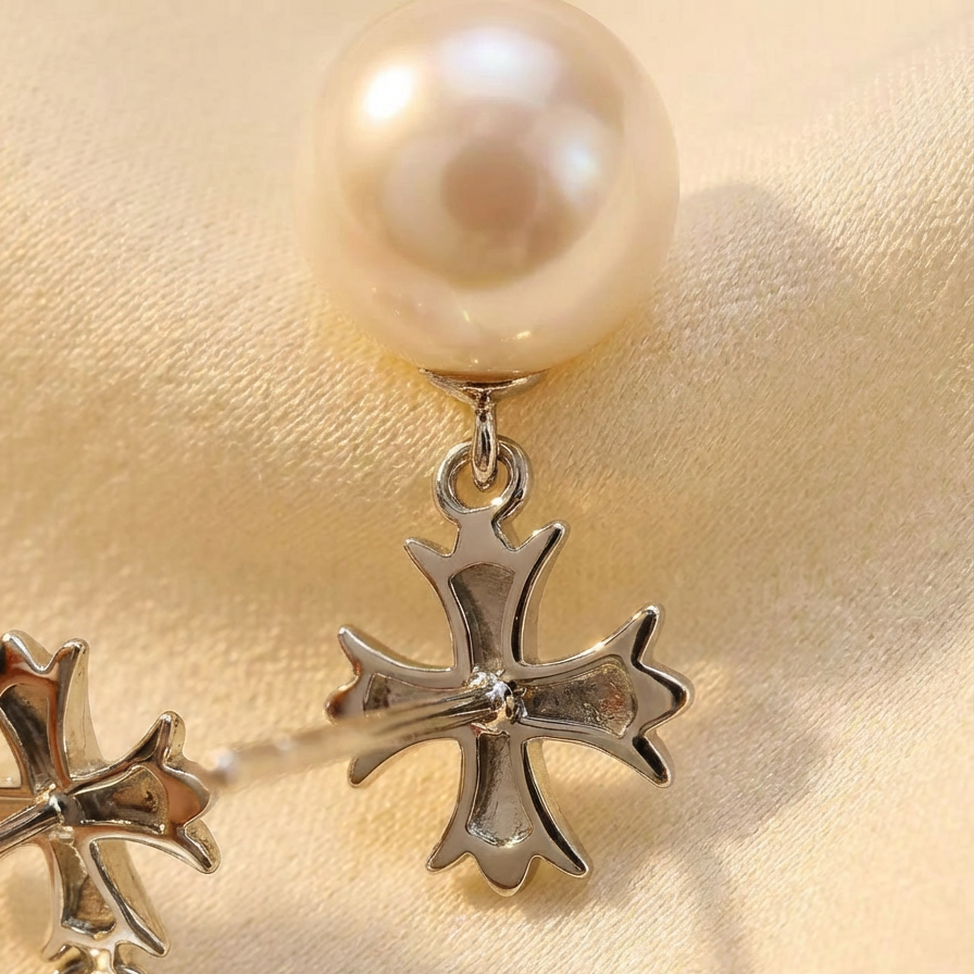 The Crosslight pearl drop earrings in sterling silver shown from the back with an imitation pearl drop and cross detail on a warm beige fabric background