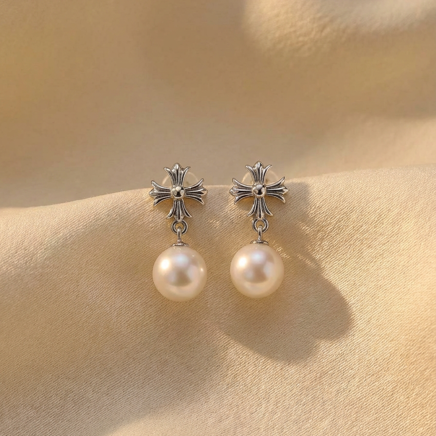 The Crosslight pearl drop earrings in sterling silver with imitation pearl drops on a warm beige fabric background