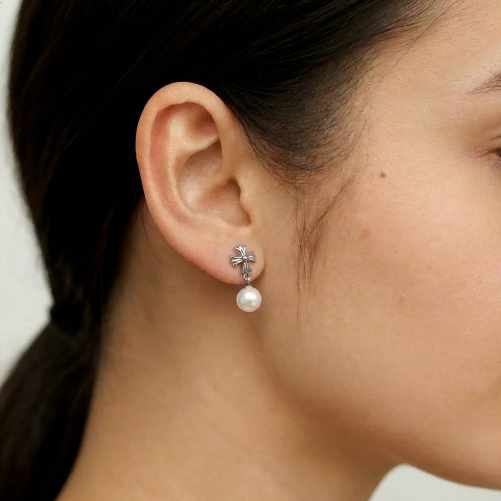 The Crosslight pearl drop earring worn on the ear in sterling silver with an imitation pearl drop