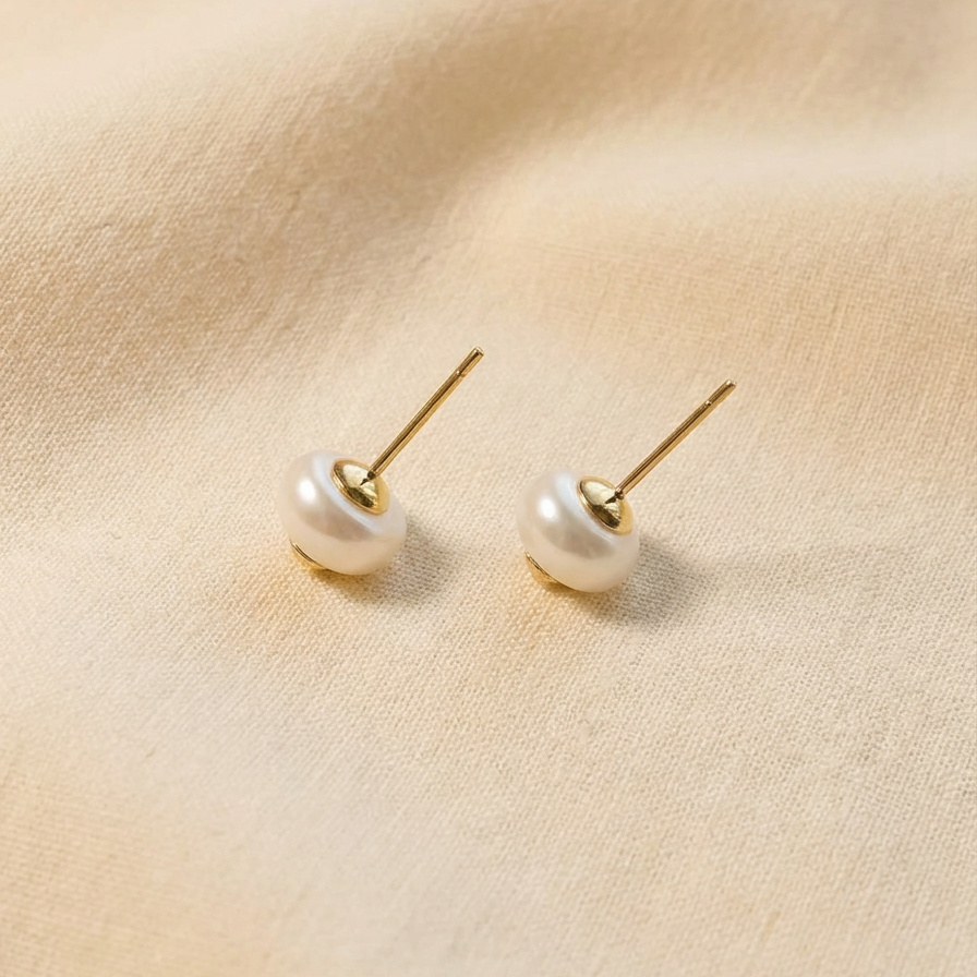 The Golden Heart pearl stud earrings shown from the back with freshwater pearls and sterling silver posts on a warm beige fabric background