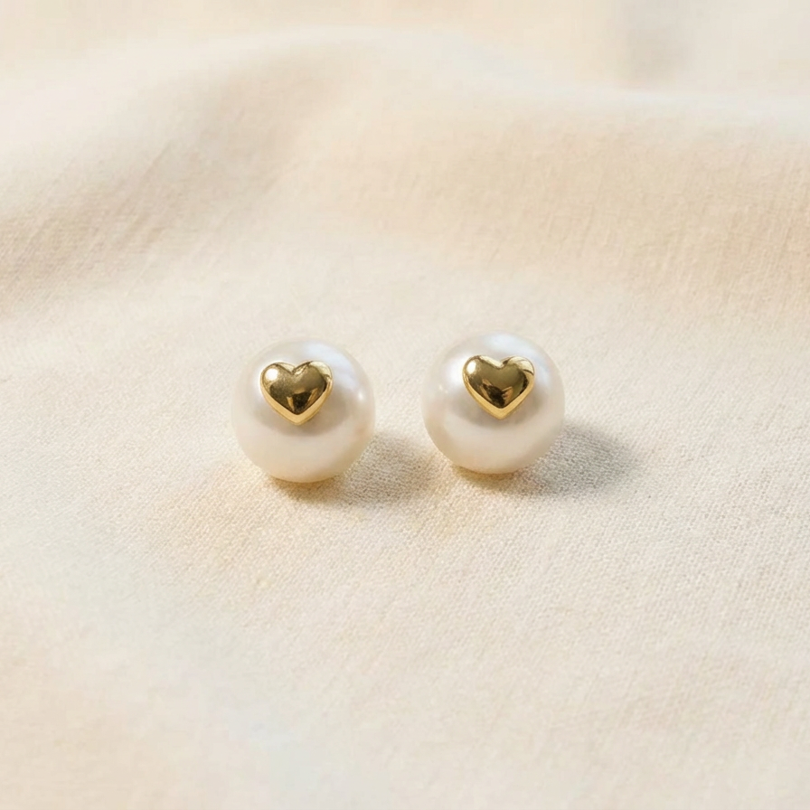 The Golden Heart pearl stud earrings with freshwater pearls and polished gold-plated heart detail on a warm beige fabric background
