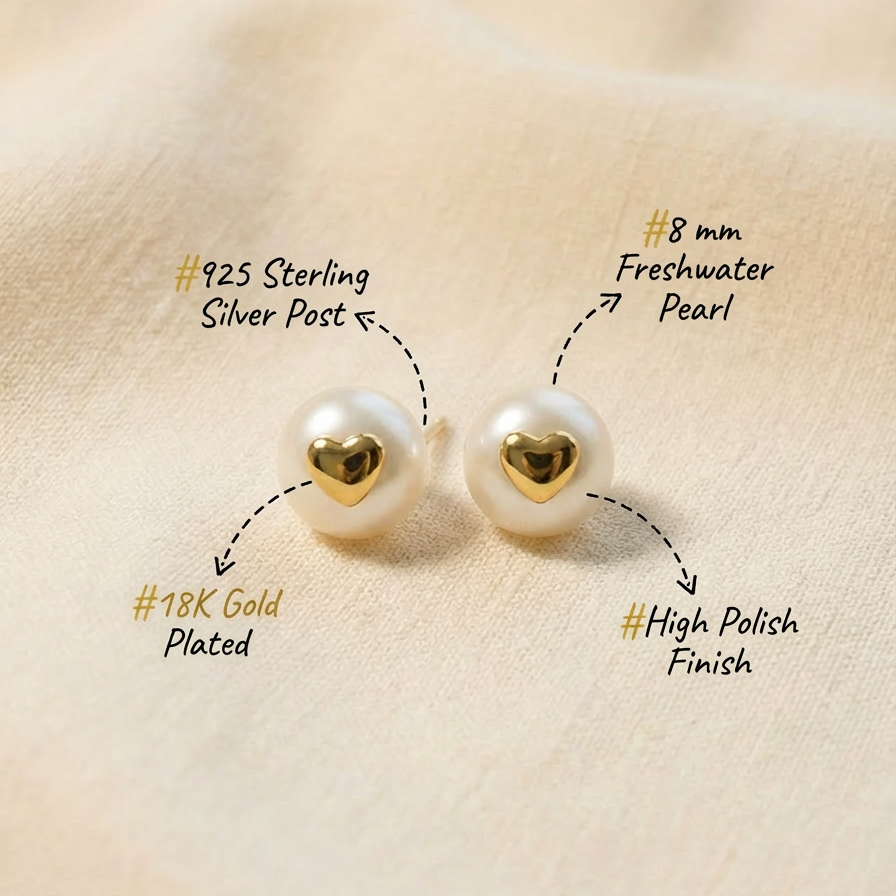 The Golden Heart pearl stud earrings with freshwater pearls, gold-plated heart detail, and size notes on a warm beige fabric background