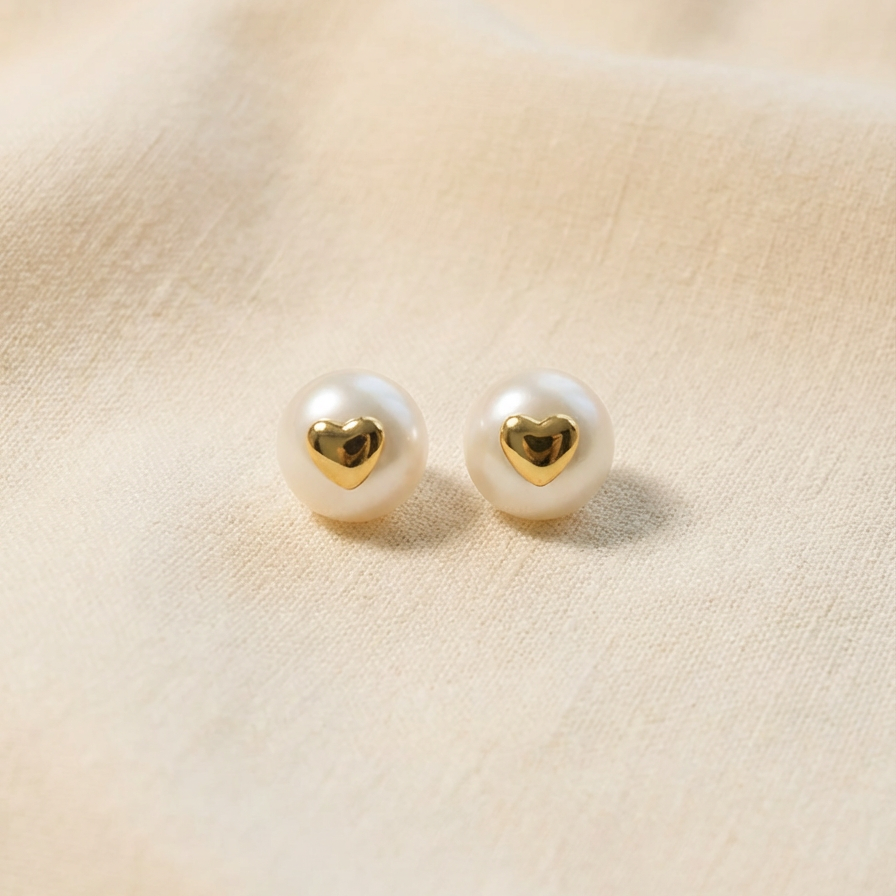 The Golden Heart pearl stud earrings with freshwater pearls and polished gold-plated heart detail on a warm beige fabric background