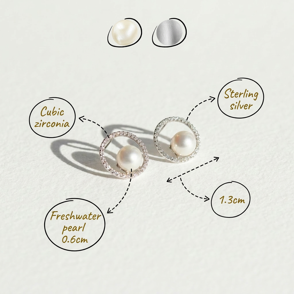 Annotated image of The Halo Pearl zircon-set stud earrings showing freshwater pearl, cubic zirconia, sterling silver, and 13 mm outer diameter