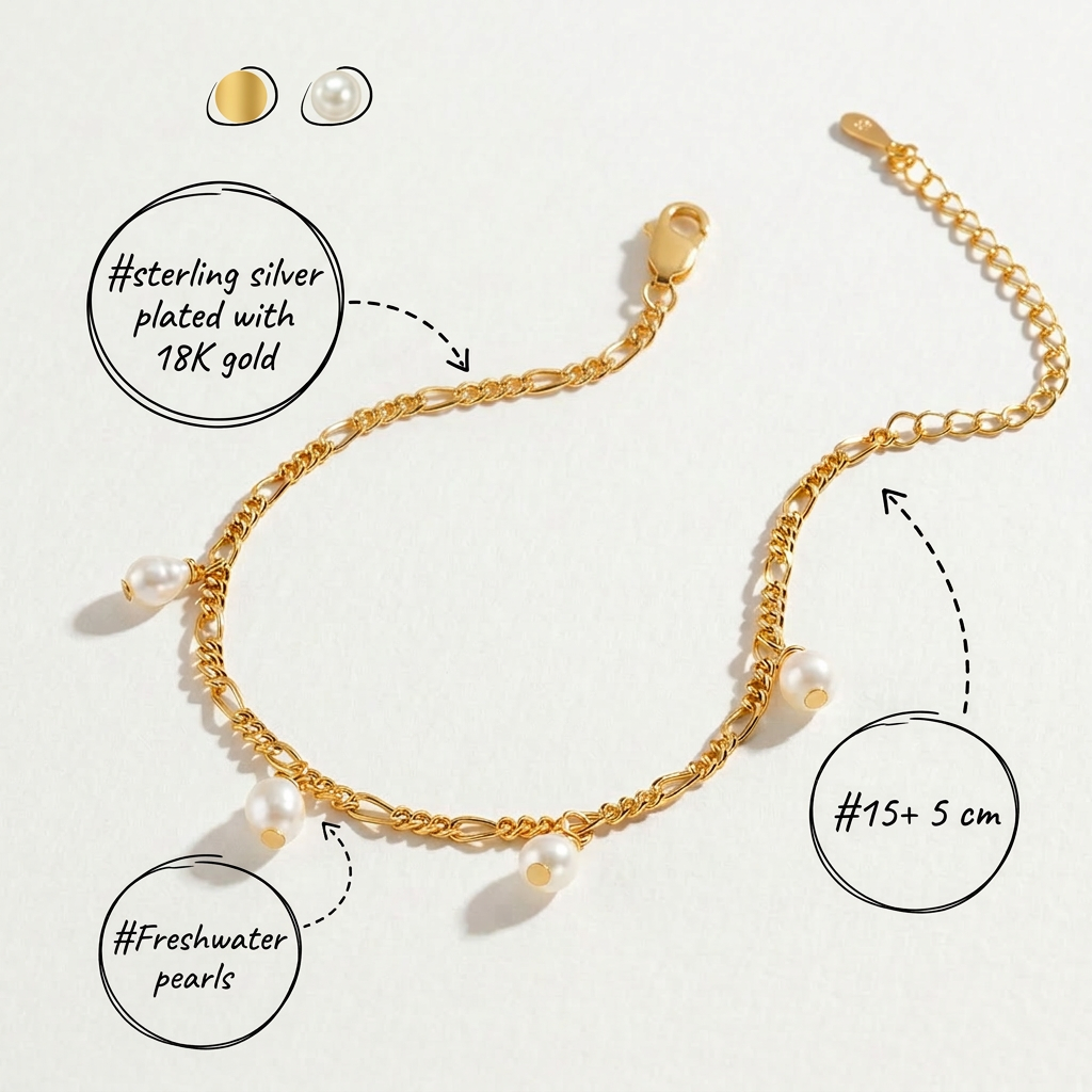 The Halo Thread freshwater pearl bracelet in 18K gold-plated sterling silver with suspended freshwater pearls, shown with material and length details
