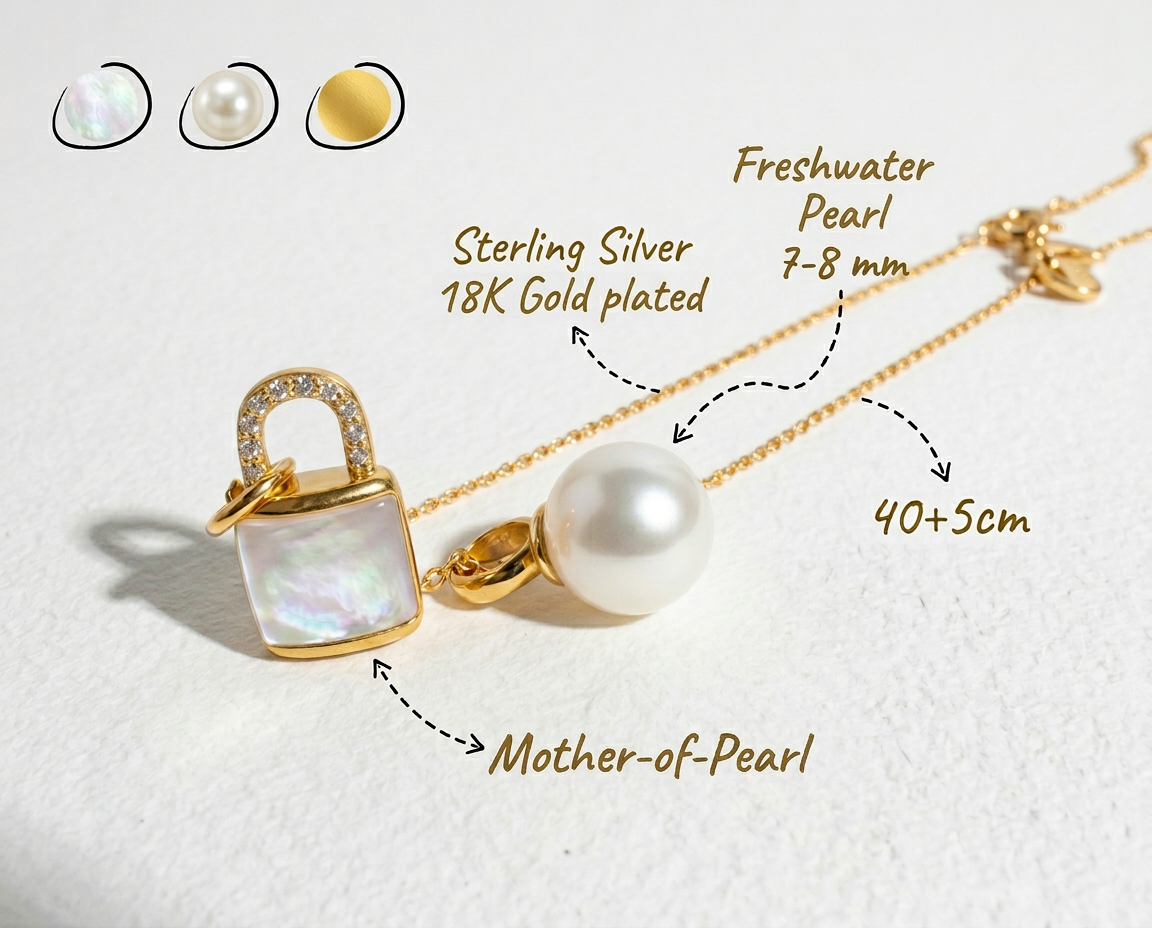 Annotated image of The Keeper’s Whisper necklace showing mother-of-pearl, freshwater pearl, 18K gold-plated sterling silver, and 40 + 5 cm adjustable length