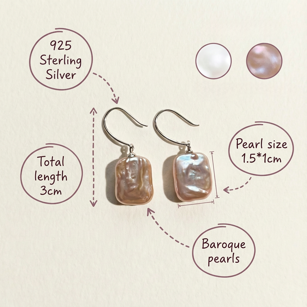 Annotated image of The Lavender Geometric baroque pearl drop earrings showing 925 sterling silver hooks, baroque pearls, pearl size, and total length