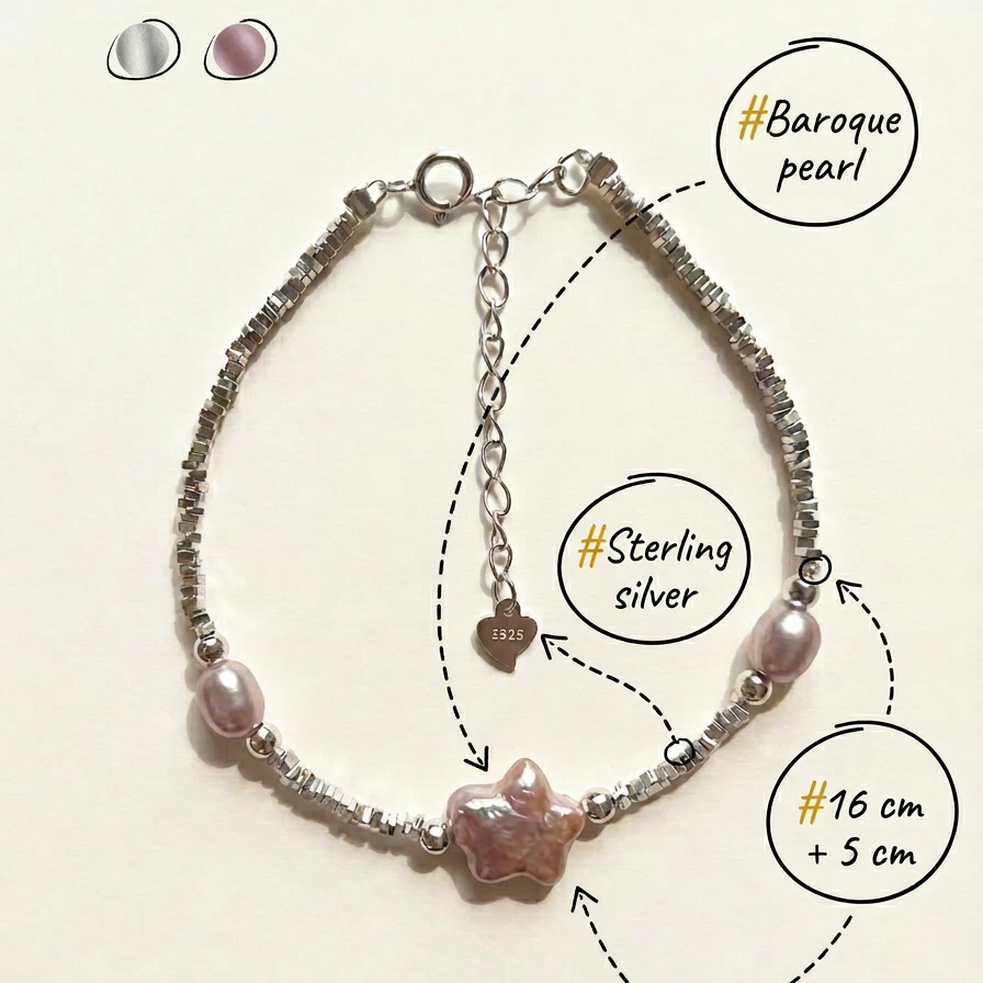 Annotated product image of The Lavender Star baroque pearl bracelet showing sterling silver material and 16 cm + 5 cm extender details