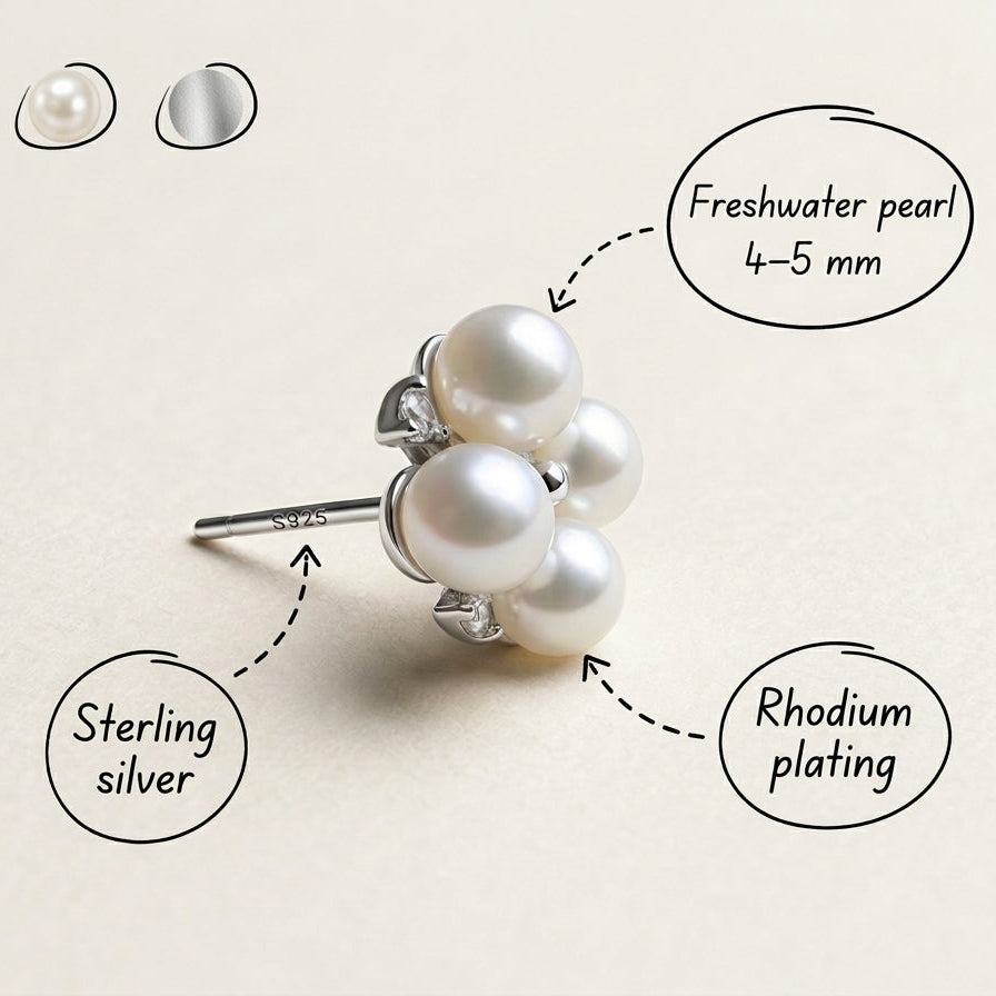 The Lucky Cluster clover pearl cluster stud earring in sterling silver with freshwater pearls and material notes on a light grey background