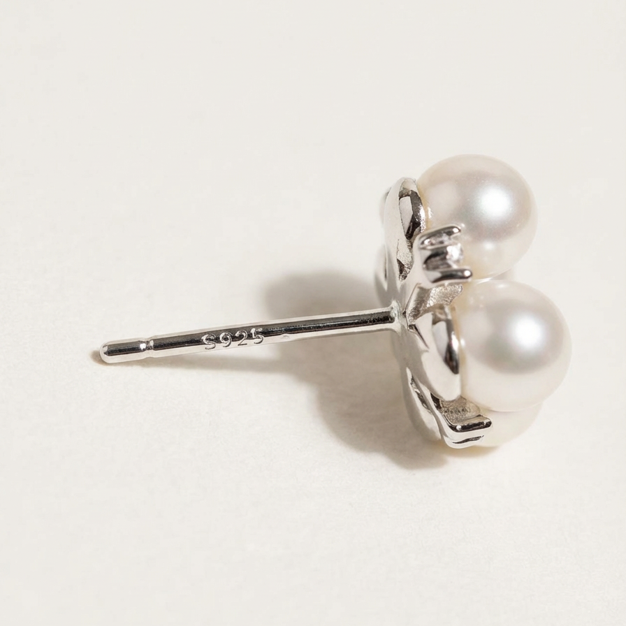 The Lucky Cluster clover pearl cluster stud earring shown from the side in sterling silver with freshwater pearls and a post fitting on a light grey background