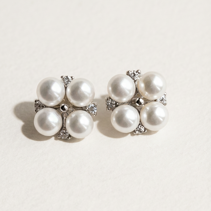 The Lucky Cluster clover pearl cluster stud earrings in sterling silver with freshwater pearls and cubic zirconia accents on a warm beige background