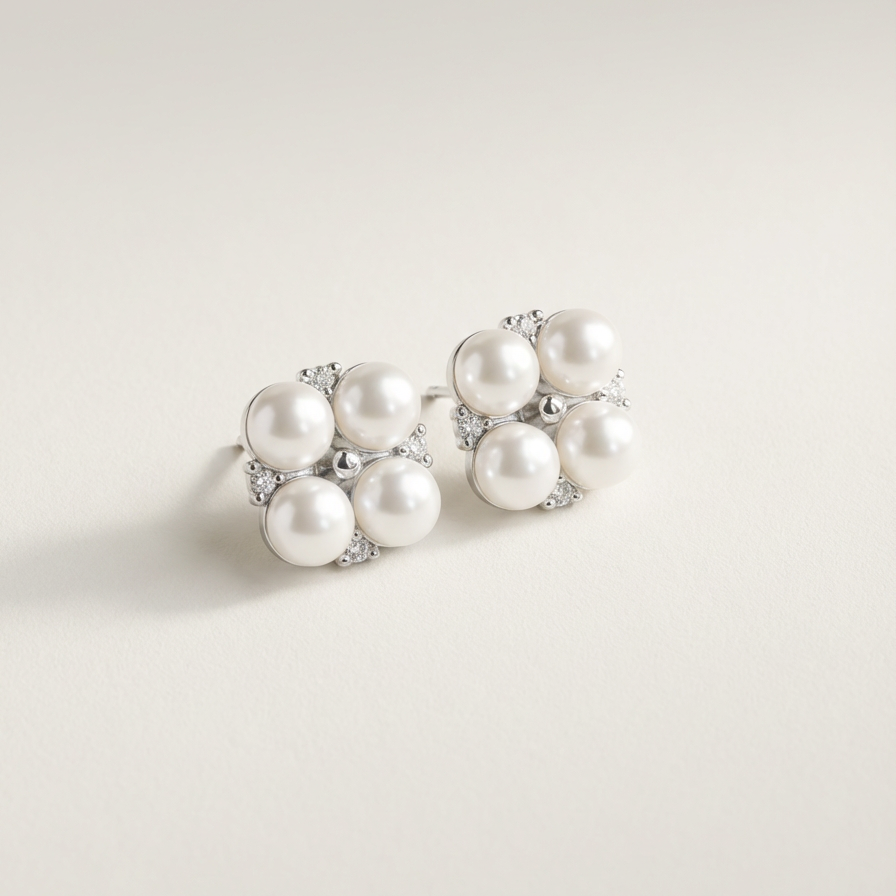 The Lucky Cluster clover pearl cluster stud earrings in sterling silver with freshwater pearls and cubic zirconia accents on a light grey background