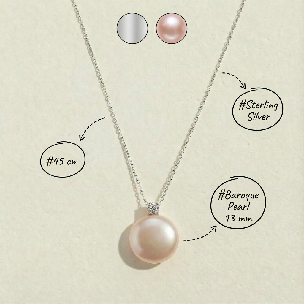 Specification image of The Moondrop button pearl pendant necklace showing sterling silver material, 45 cm chain length, and 13 mm baroque pearl