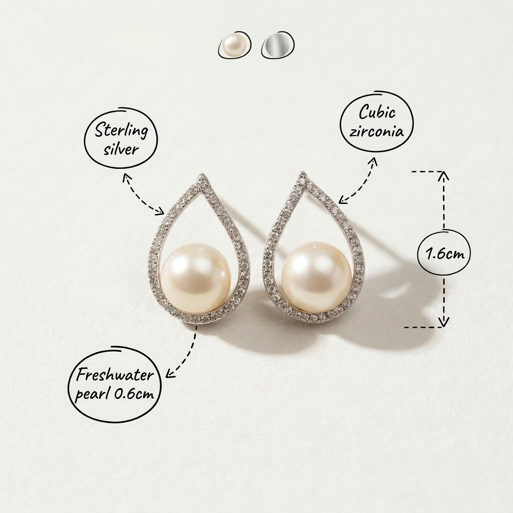 Annotated image of The Quiet Drop pearl zircon stud earrings showing freshwater pearl, cubic zirconia, sterling silver, and 16 mm length