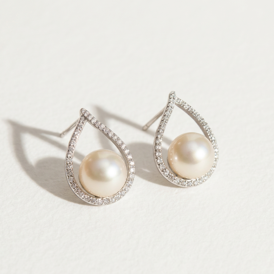 The Quiet Drop pearl zircon stud earrings with freshwater pearls in teardrop sterling silver settings on a light background
