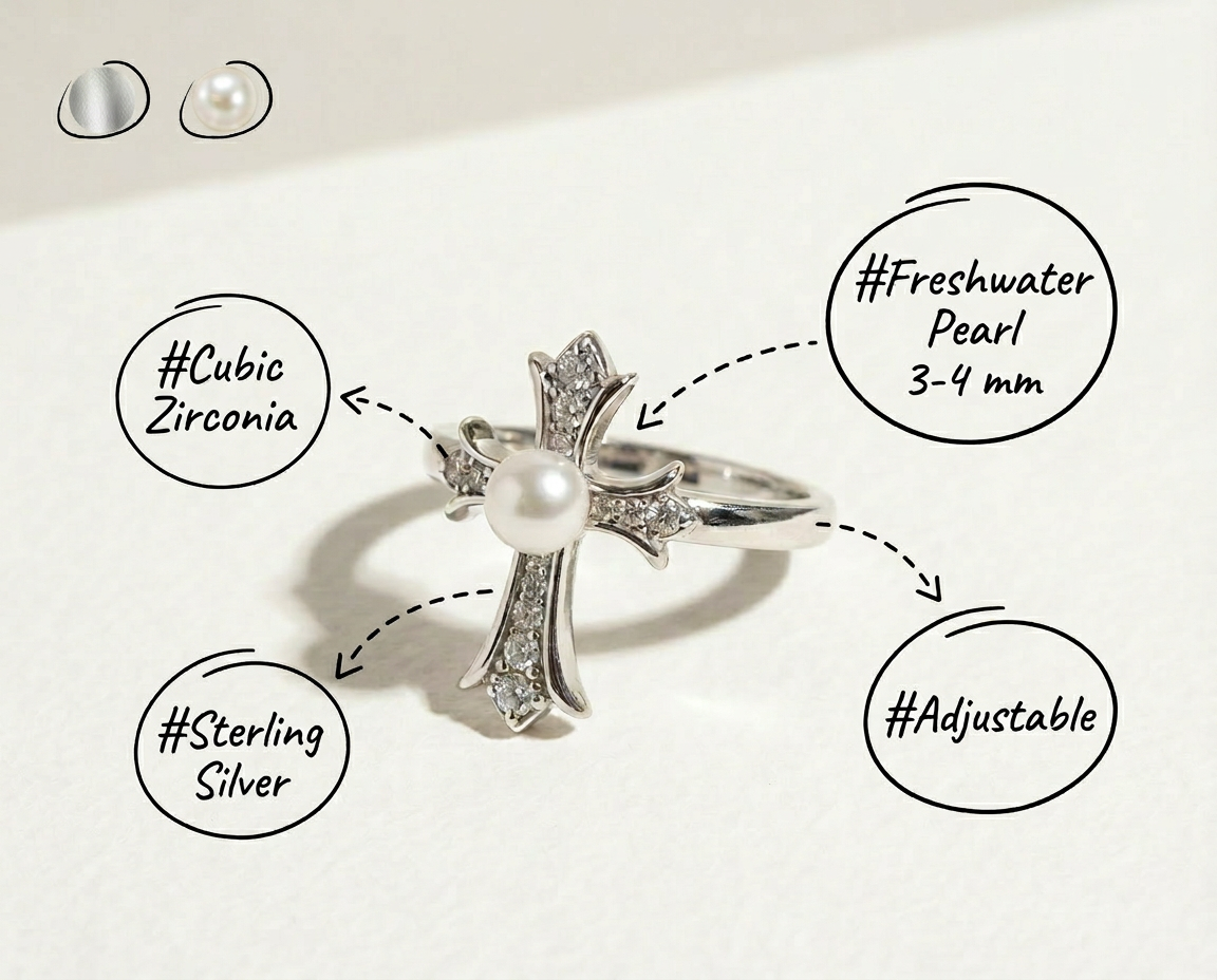 Annotated image of The Sacred Glow pearl cross ring showing freshwater pearl, cubic zirconia, sterling silver, and adjustable open band