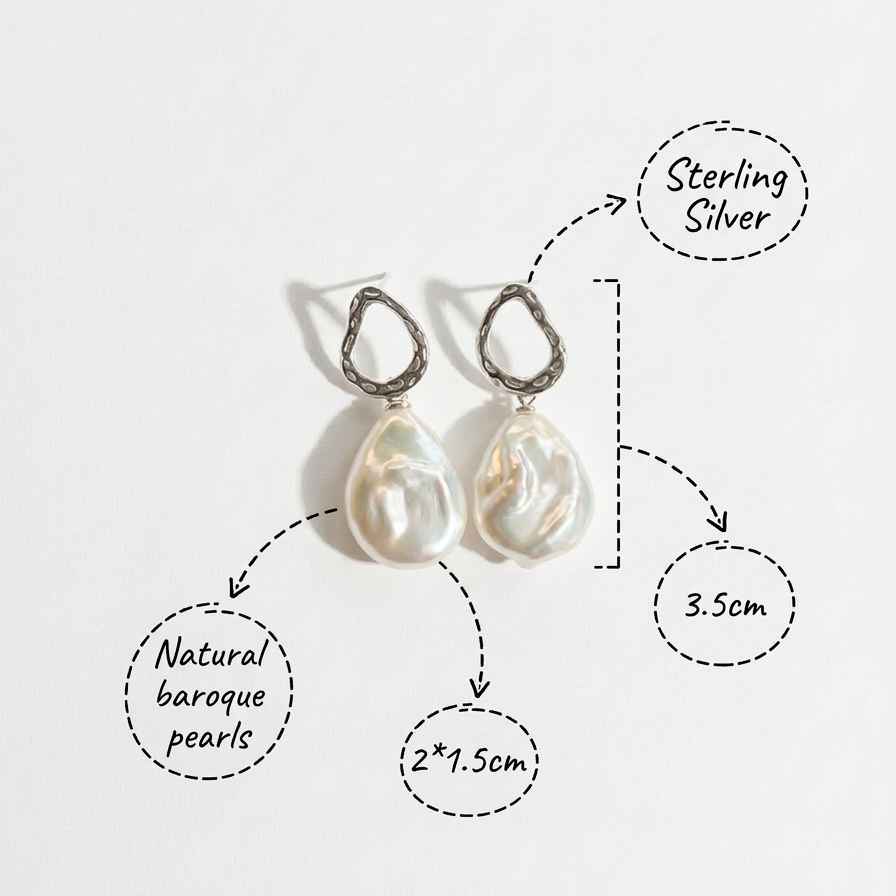 The Silver Drift baroque pearl drop earrings shown with material and size details, including sterling silver, natural baroque pearls, and dimensions