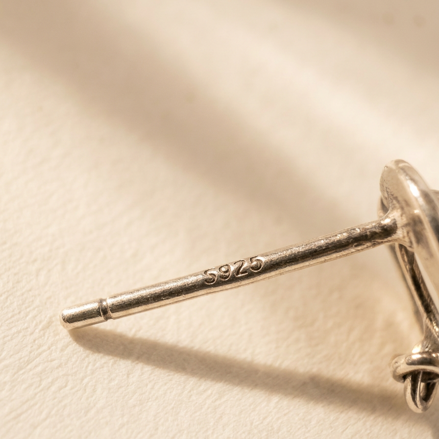 Post detail of The Silver Drift baroque pearl drop earrings in sterling silver, showing the 925 mark