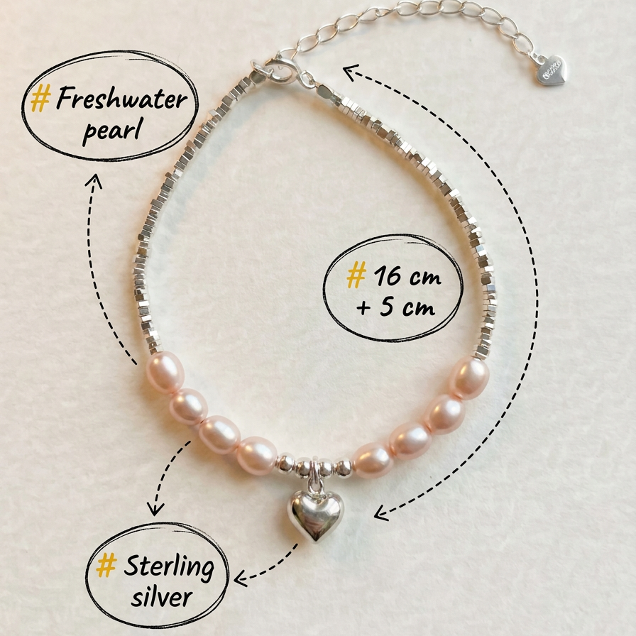 Annotated image of The Soft Heart bracelet showing freshwater pearls, sterling silver, and bracelet length details on a light beige background