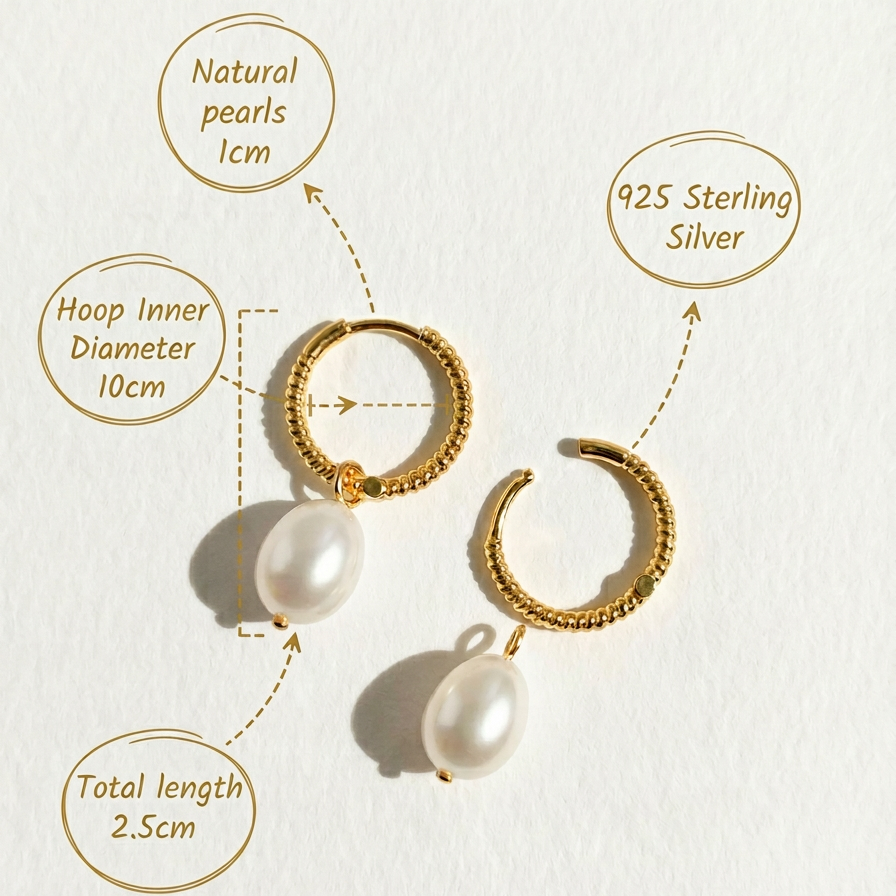 The Soft Hoop freshwater pearl huggie earrings in gold-plated sterling silver with pearl drops and size notes on a light grey background