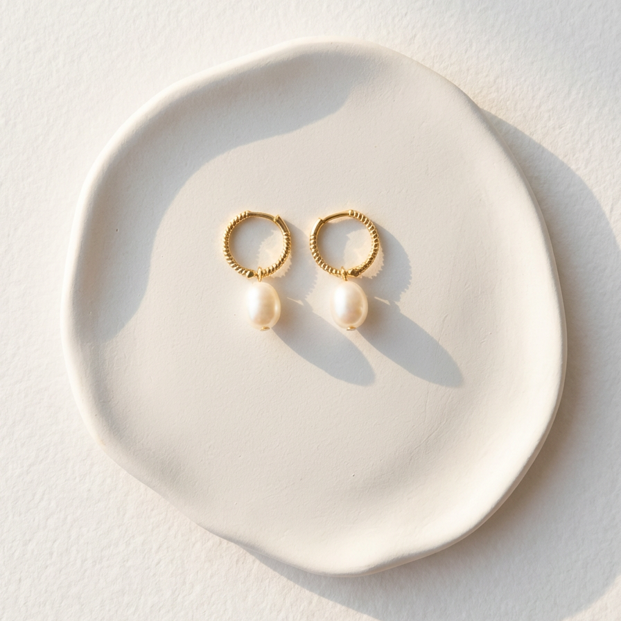 The Soft Hoop freshwater pearl huggie earrings in gold-plated sterling silver with pearl drops on a white ceramic dish