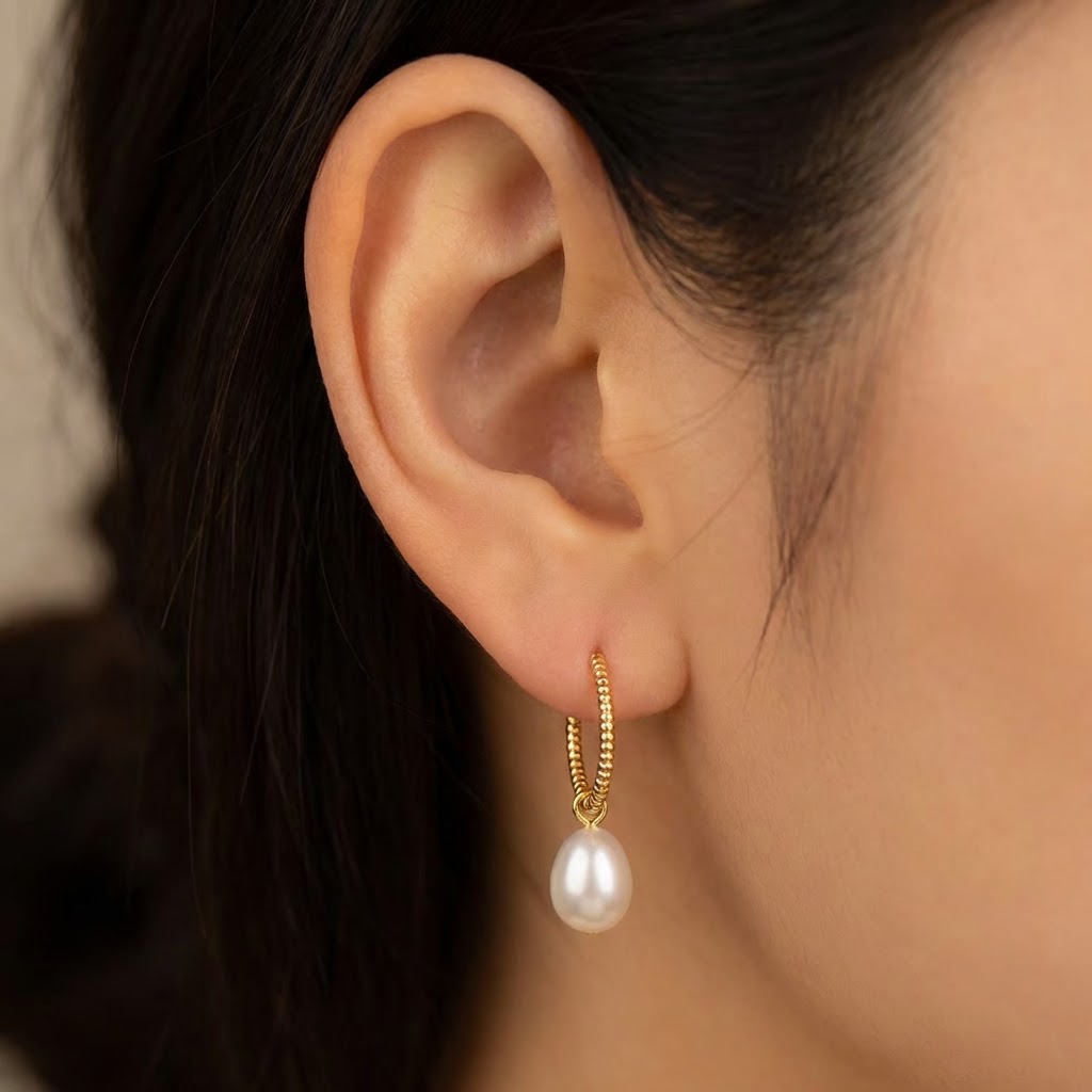 The Soft Hoop freshwater pearl huggie earring worn on the ear in gold-plated sterling silver with a pearl drop