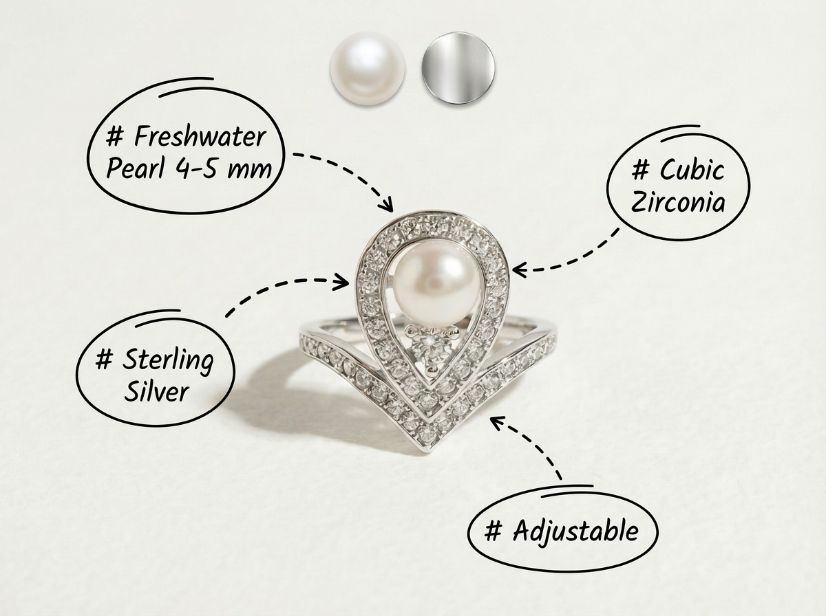Annotated image of The Sovereign Glow pearl tiara ring showing freshwater pearl, cubic zirconia, sterling silver, and adjustable open band