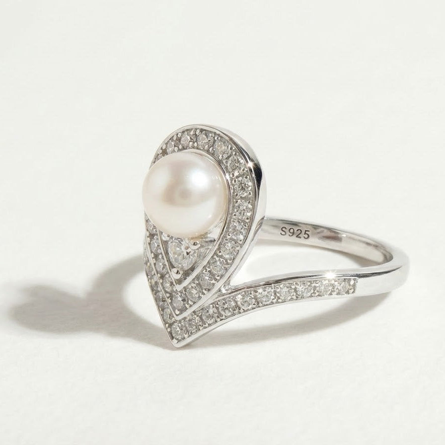 The Sovereign Glow pearl tiara ring with a freshwater pearl and zirconia shown on a light background